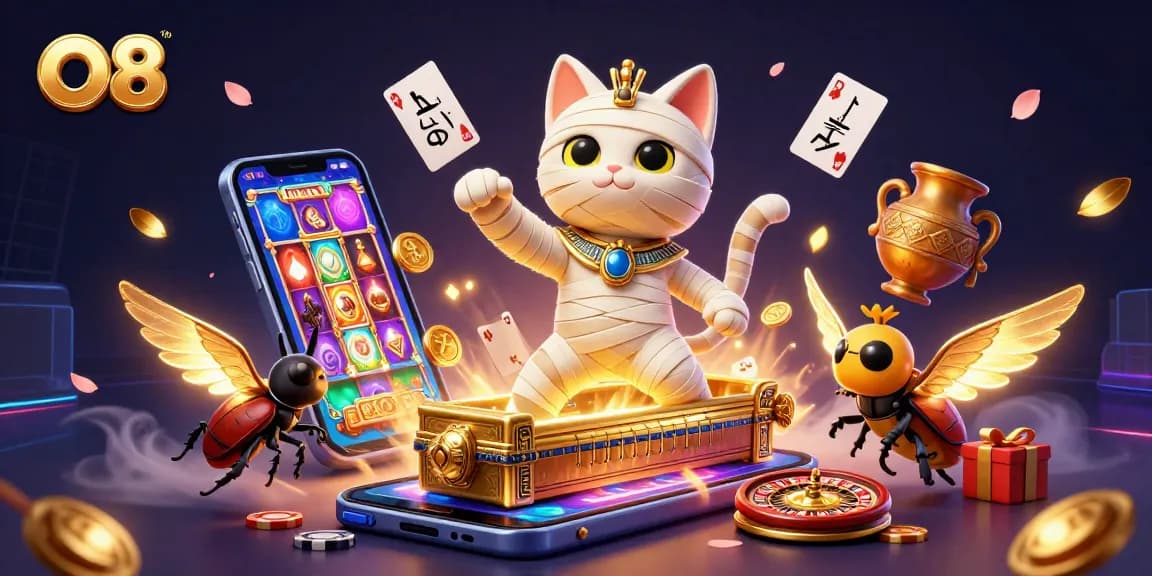 Experience thrilling slots and games at O8 with vibrant 3D casino illustration capturing the excitement.