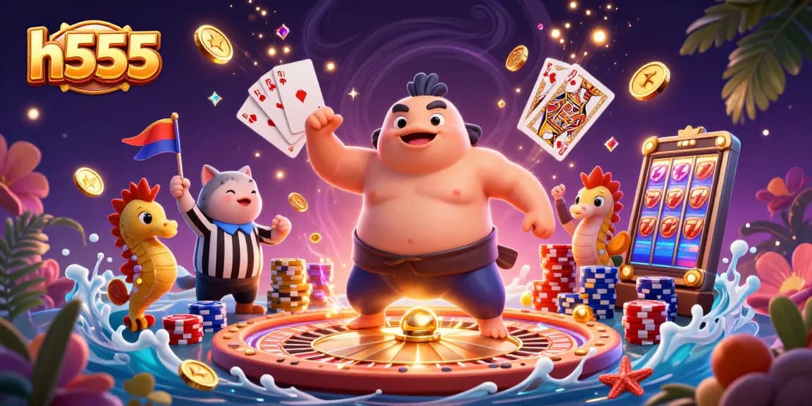 Experience h555's vibrant underwater casino with fugu and catfish amidst dazzling game elements.
