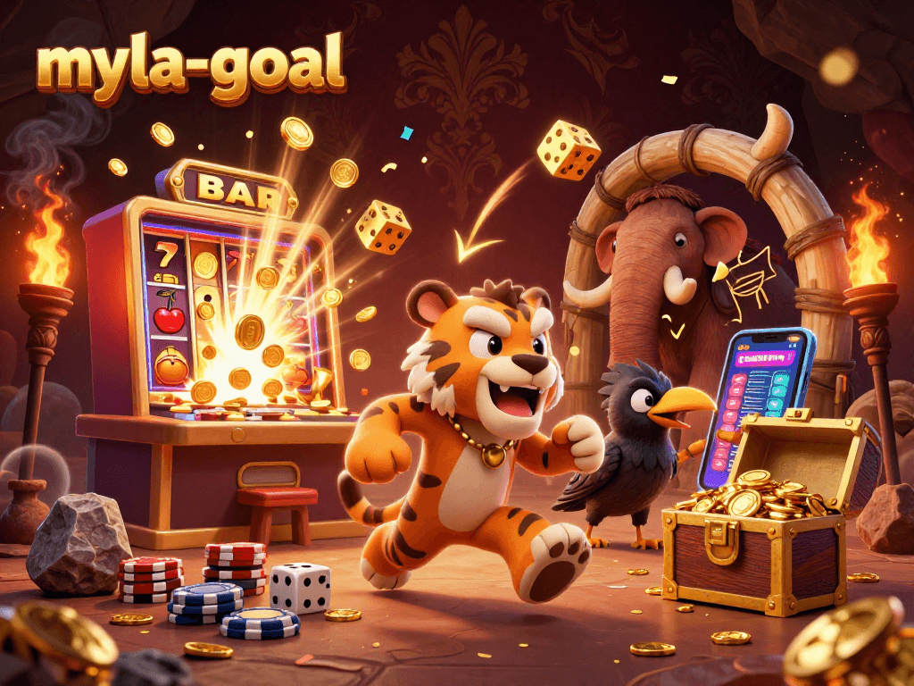 Experience thrilling wins with myla-goal in this vibrant casino scene featuring prehistoric characters.