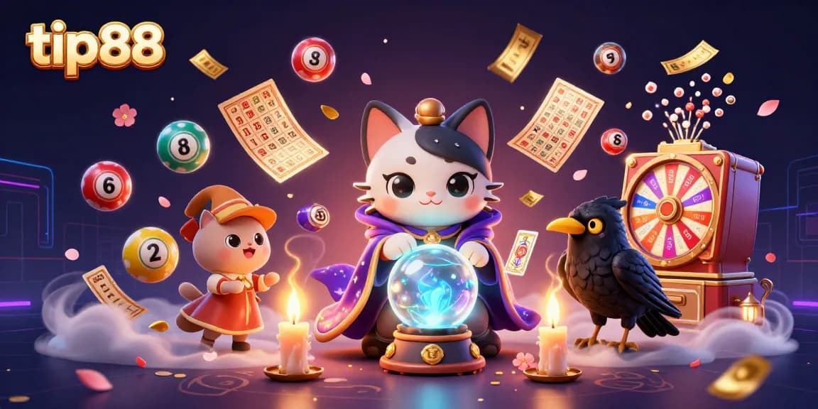 Engaging tip88 gaming scene with a mystic cat and vibrant lottery elements