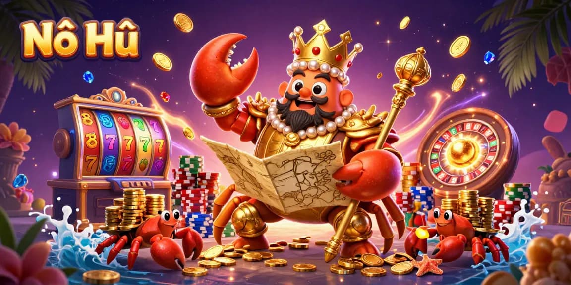 Nổ Hũ inspires excitement with a golden crab emperor and slot machine jewels cascading in this epic casino scene.