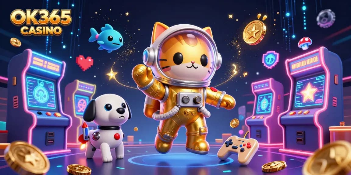 Experience the excitement of OK365 CASINO in a vibrant 3D illustration of gaming and adventure.
