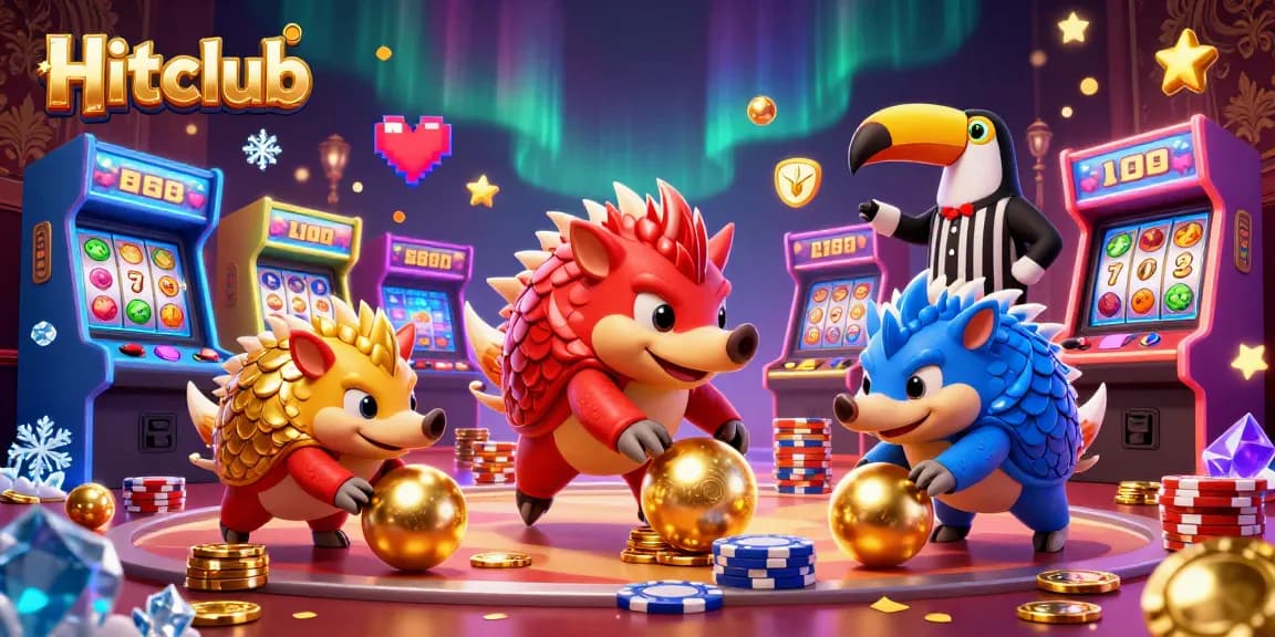 Hitclub pangolins playing slots and bowling through poker chips in a vibrant casino scene