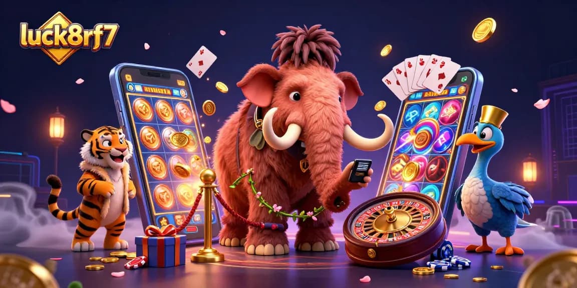 Engage with luck8rf7 at a vibrant casino scene featuring a woolly mammoth bouncer and gaming elements.