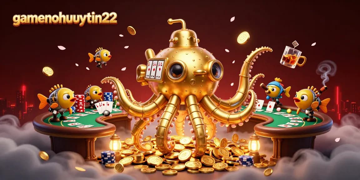 Engage with gamenohuuytin22 in a thrilling Pai Gow poker illustration featuring a golden kraken and vibrant casino atmosphere.