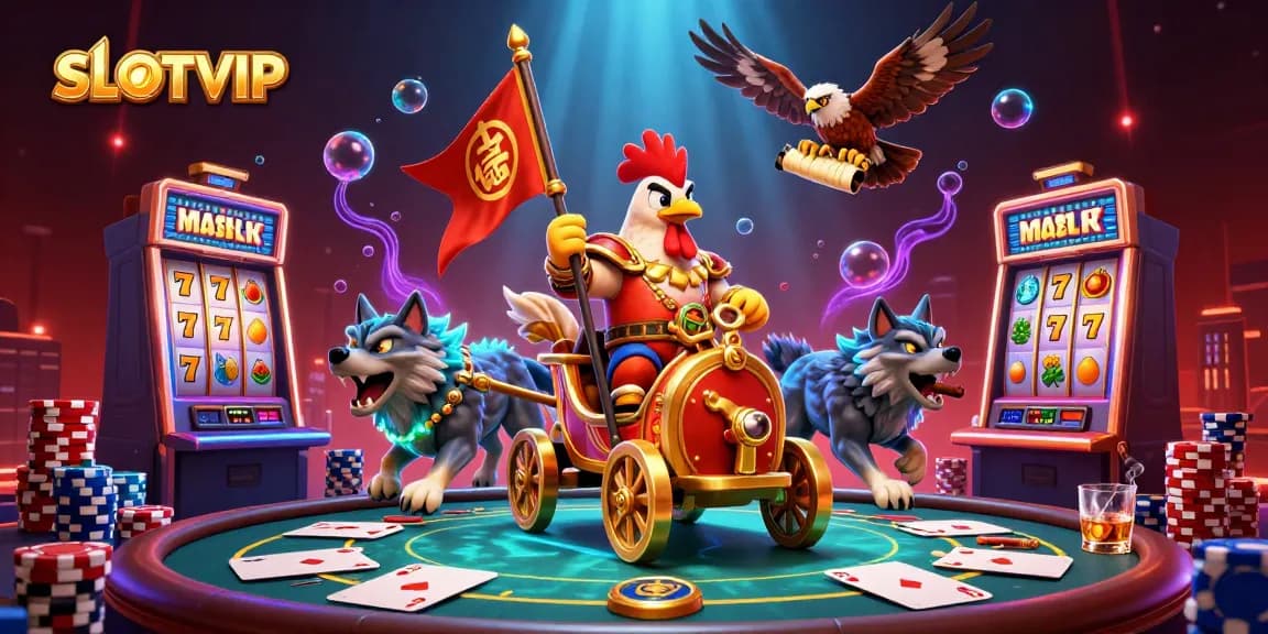 SLOTVIP engages players with a vibrant slots illustration featuring a rooster warlord and casino elements, all in action.