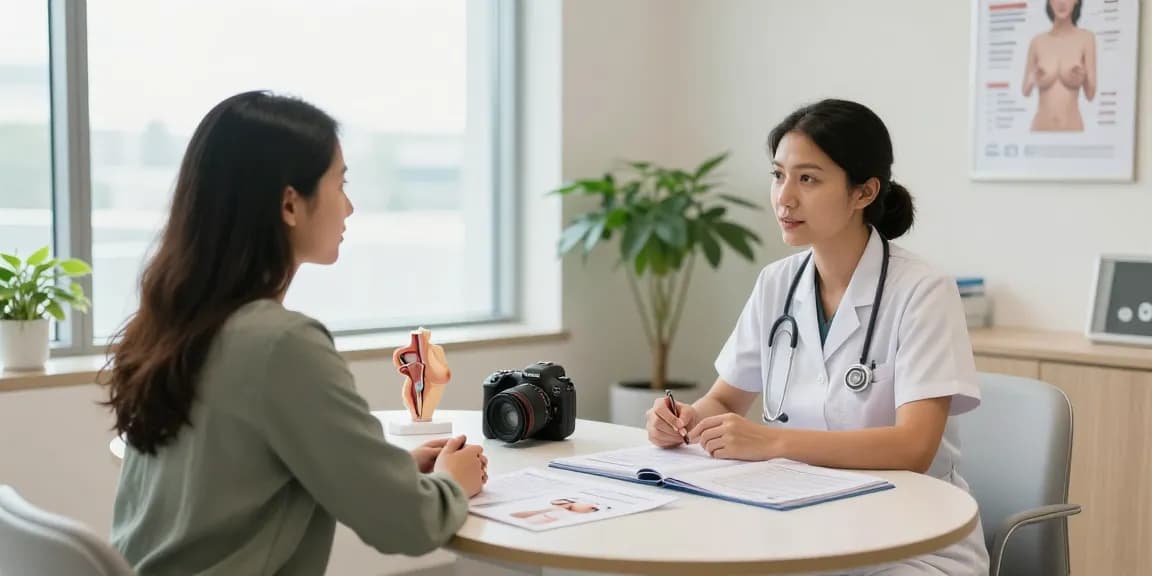Consultation with a breast surgeon Abu Dhabi discussing treatment options in a welcoming clinic environment.