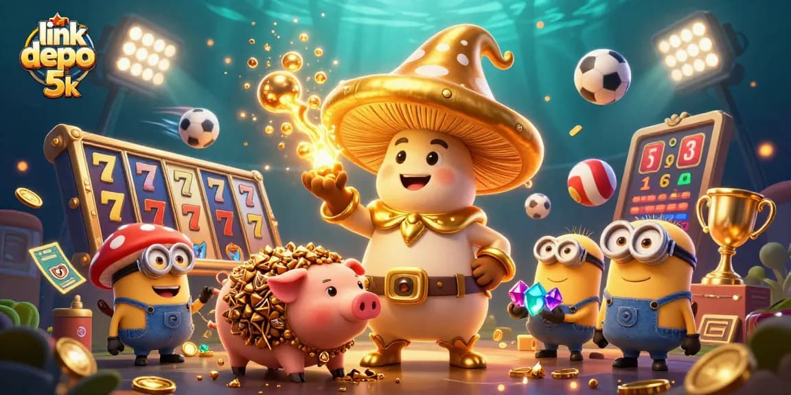 Win big with link depo 5k at this dynamic casino illustration showcasing golden magic and vibrant slot reels.