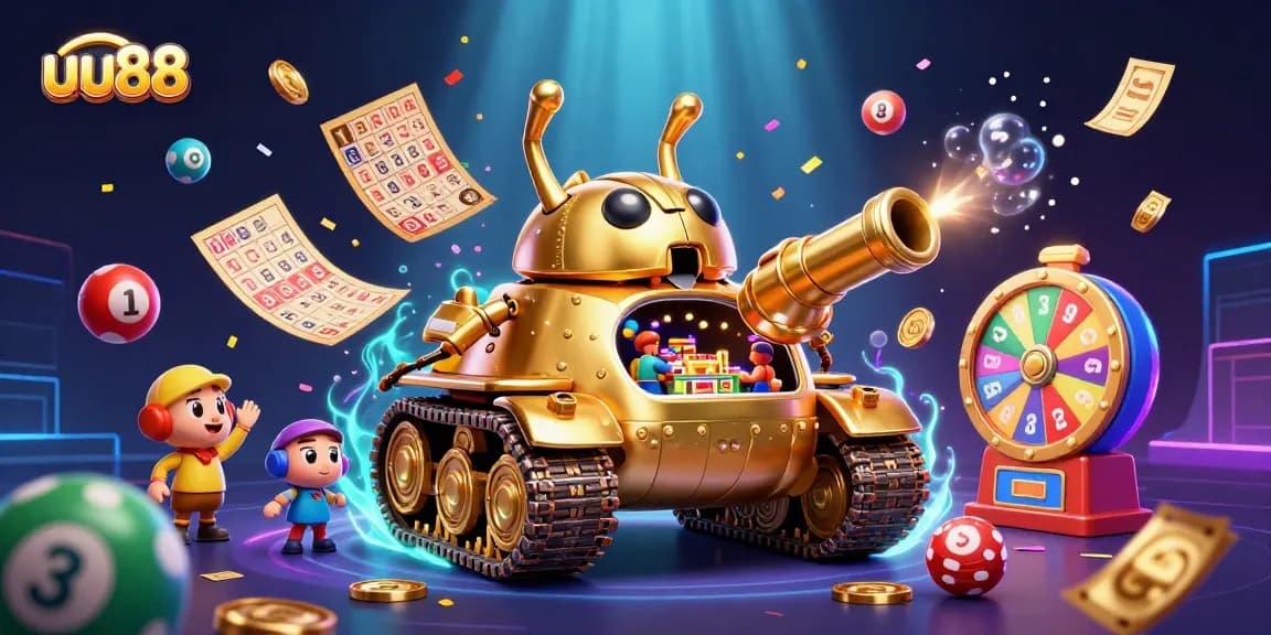 Experience thrilling gameplay at uu88 with vibrant lottery balls, a miniature casino, and festive confetti in motion.