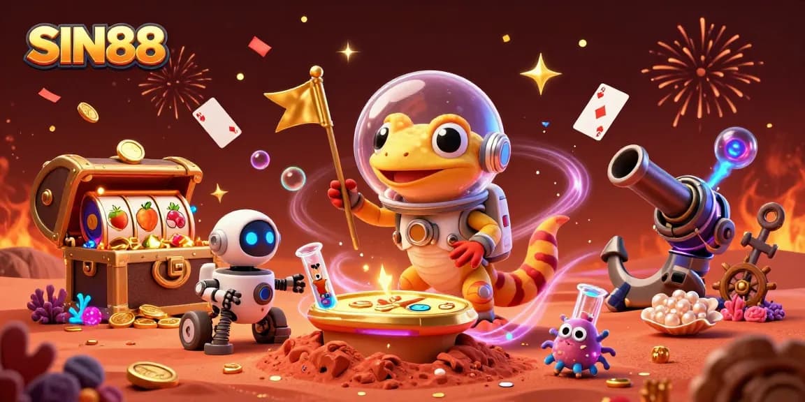 Experience the excitement of SIN88 with a Martian gecko exploring a golden casino!