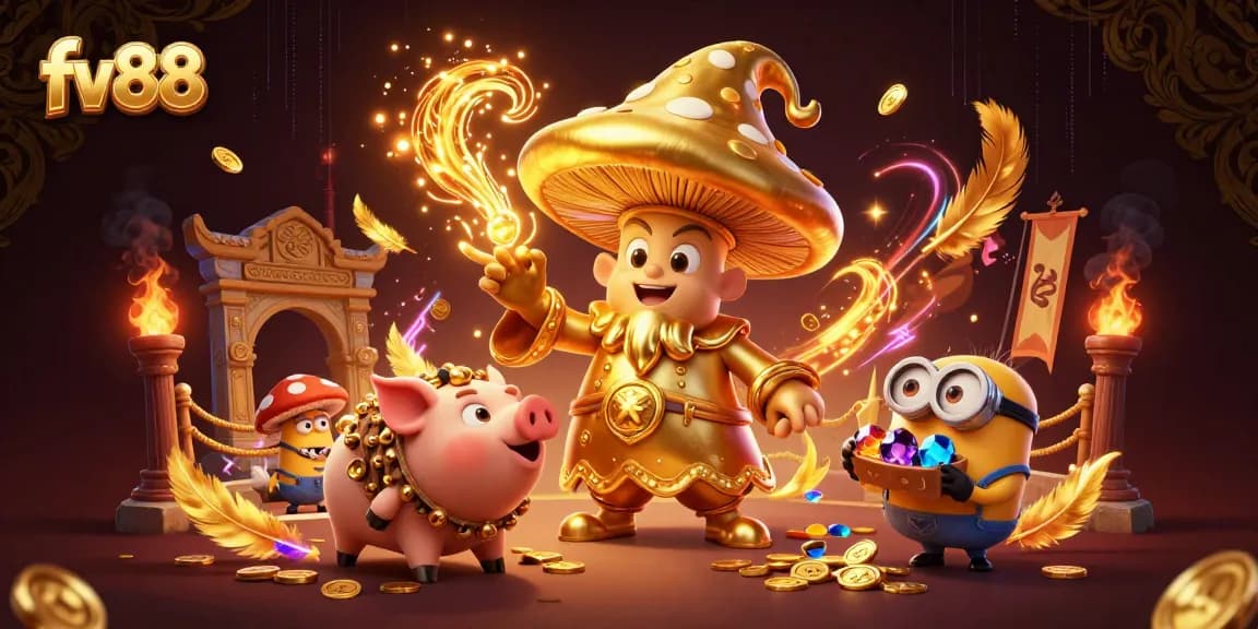 Experience the excitement of fv88 with a golden mushroom wizard channeling magic in a bustling casino scene.