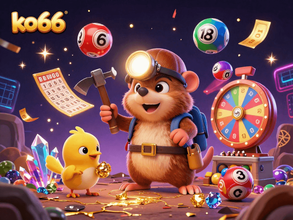 Experience the excitement of ko66 with a vibrant 3D casino illustration featuring lively characters in a golden cavern.