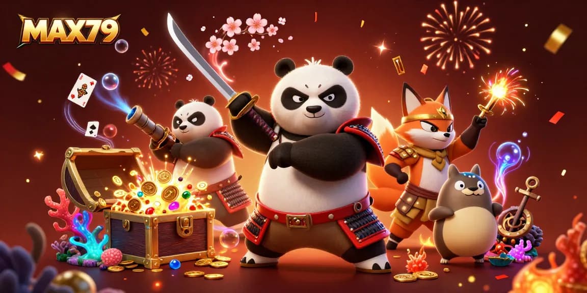 Join the excitement at MAX79 with playful samurai panda and ninja fox surrounded by festive casino elements.