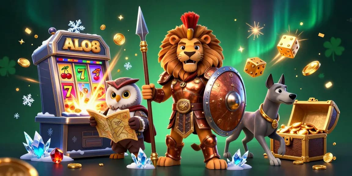 Experience the thrilling ALO8 casino action with vibrant slot games and dynamic characters.