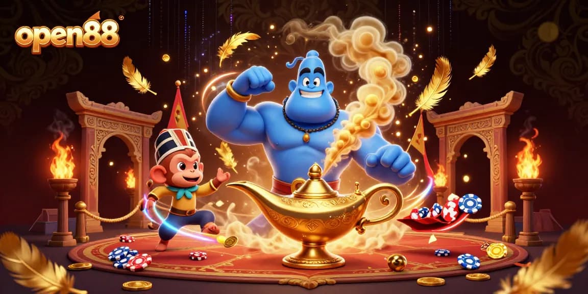 Experience thrilling gambling adventures with open88, featuring a genie and poker chips in a magical scene.