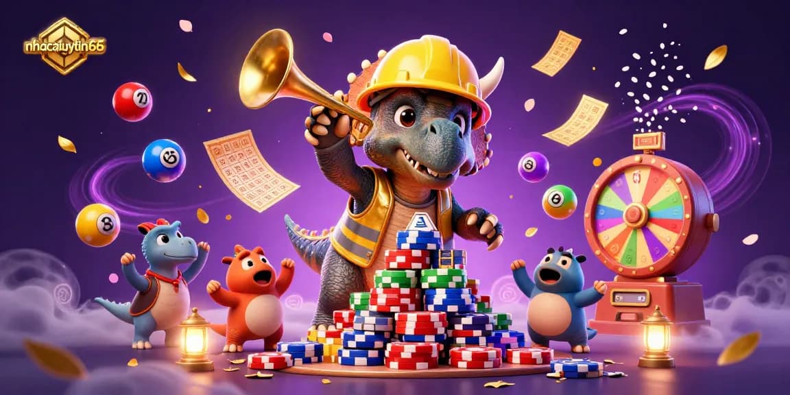 nhacaiuytin66 celebrates casino wins with a vibrant scene featuring lottery elements and cheerful characters