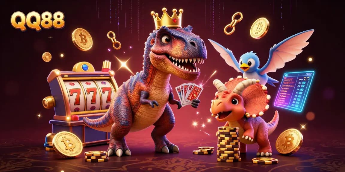 Engage in thrilling gameplay with QQ88, where a friendly T-Rex deals cards amidst vibrant casino elements.