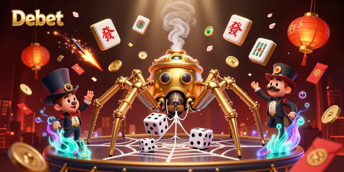 Engaging illustration of Debet's steampunk spider and engaging casino elements creating an immersive atmosphere.