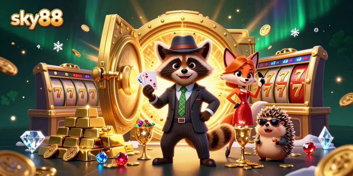 Win big at sky88 with a stylish raccoon holding a royal flush in a vibrant casino scene.