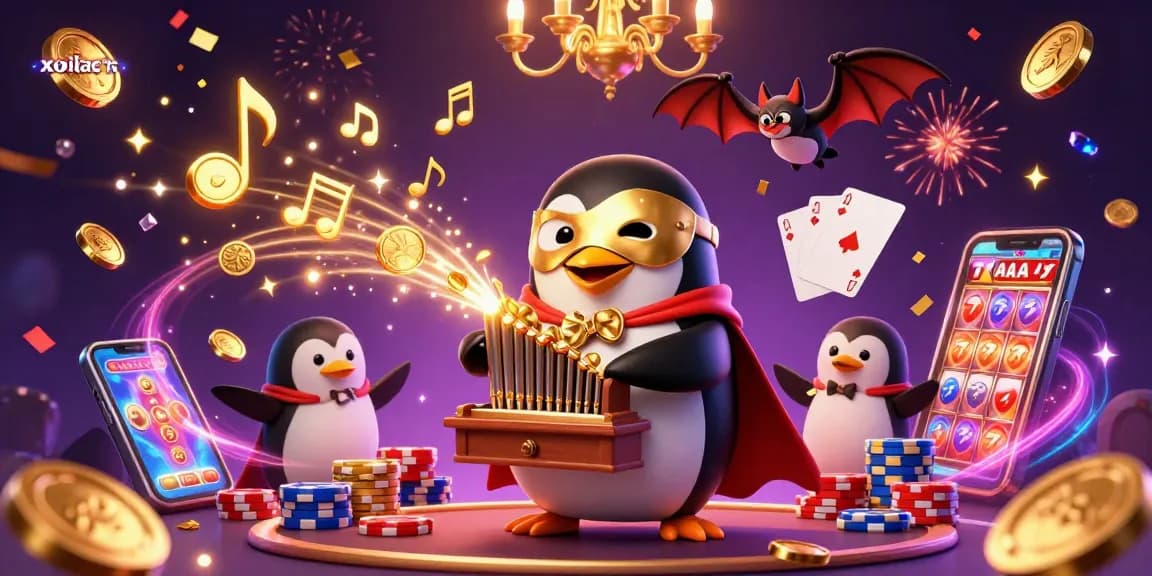 Xoilac TV evokes excitement as a penguin plays a golden organ, showcasing vibrant gambling elements.