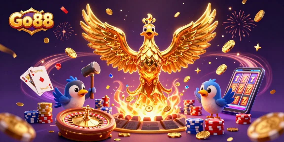 Win big at Go 88 with an epic 3D casino-themed illustration featuring rich gaming elements.