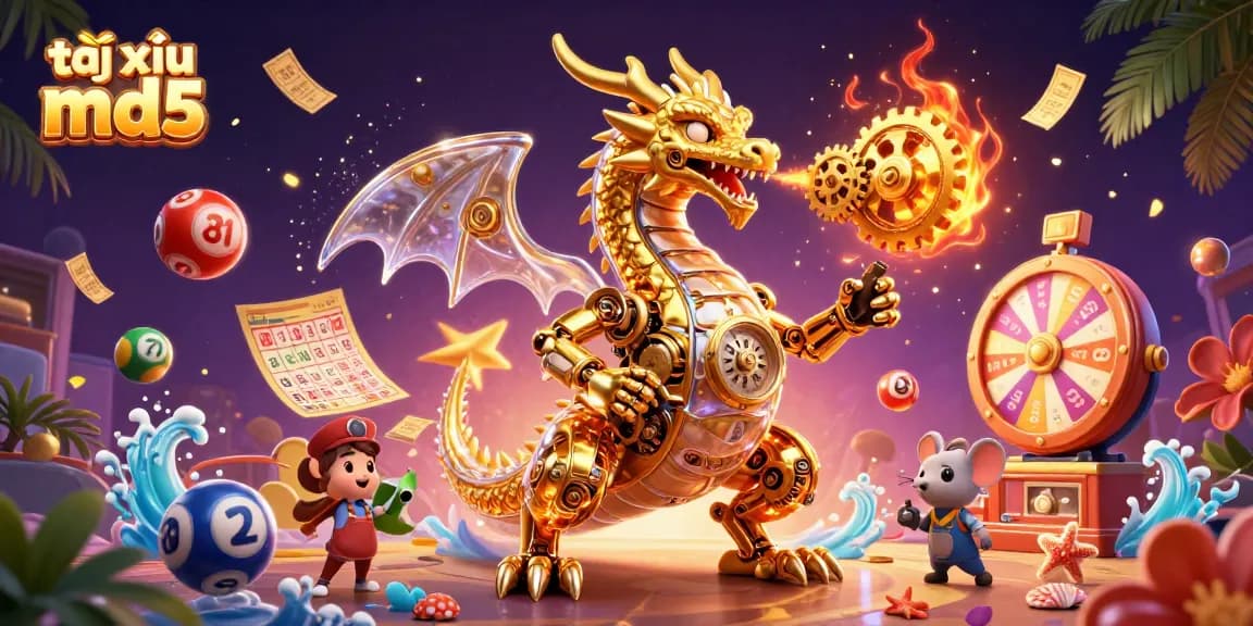 Engage with the thrilling world of tài xỉu md5 as vibrant lottery balls bounce around a golden dragon.