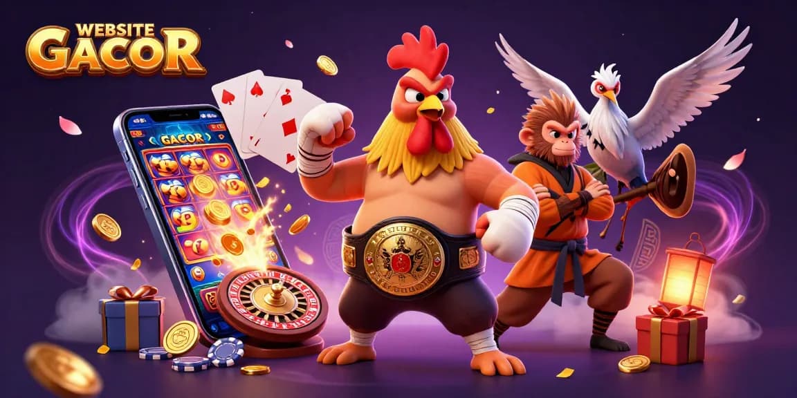 Engage with WEBSITE GACOR by exploring colorful slot games and vibrant casino elements in this 3D illustration.