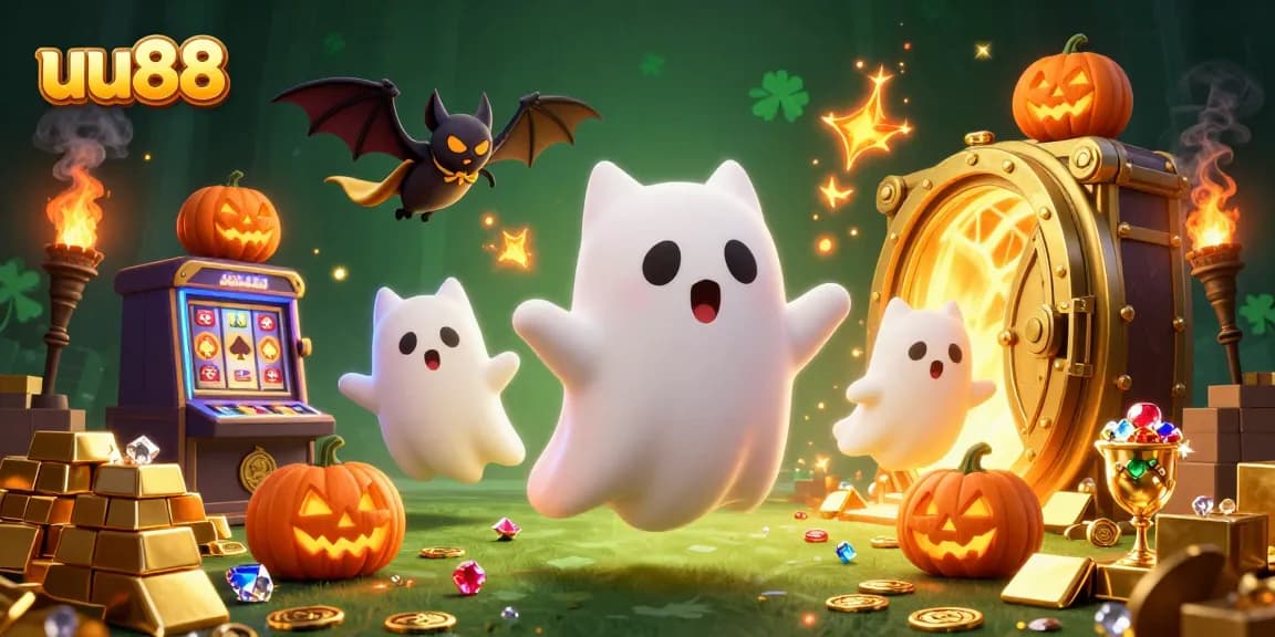uu88 players enjoy a vibrant casino atmosphere with ghostly cat and treasure details.