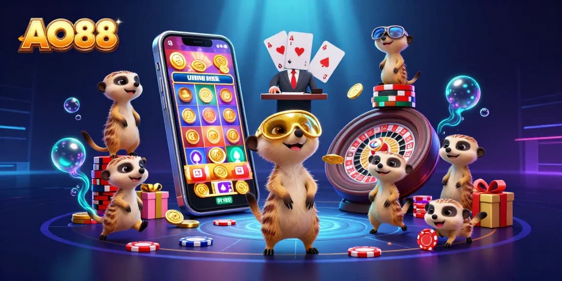 AO88 showcases an exciting casino scene with meerkats running games and winning chips.