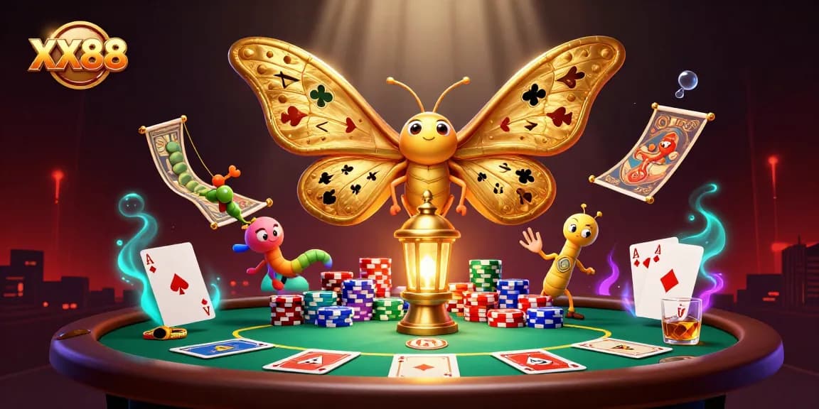 Experience excitement at XX88 with a vibrant cartoon scene of poker games and animated motifs.