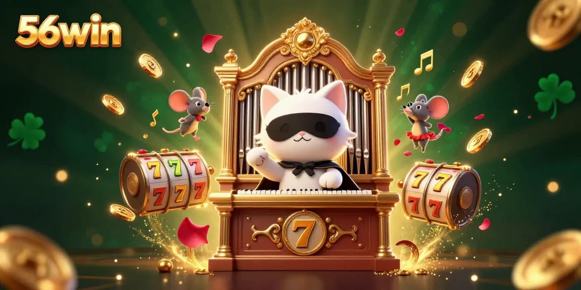 Engage with the 56win casino experience, featuring characters and slot elements in a vibrant illustration.