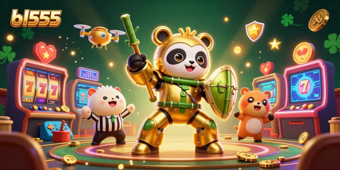 Experience exciting gameplay at bl555 with golden panda piloting a robot in a vibrant casino.