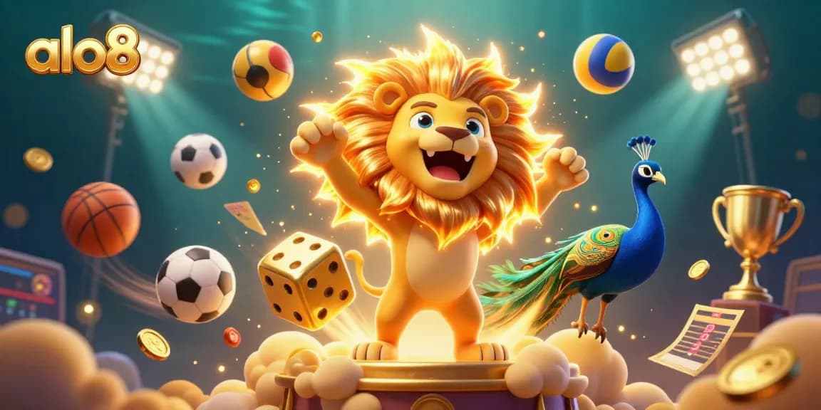 Experience the thrill of gambling with alo8's vibrant 3D casino illustration featuring a majestic lion and gaming elements.