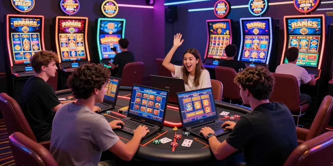 Excited players exploring bonus buy slots at aboutderbyshire.co.uk in a lively online casino setting, showcasing vibrant gaming screens.