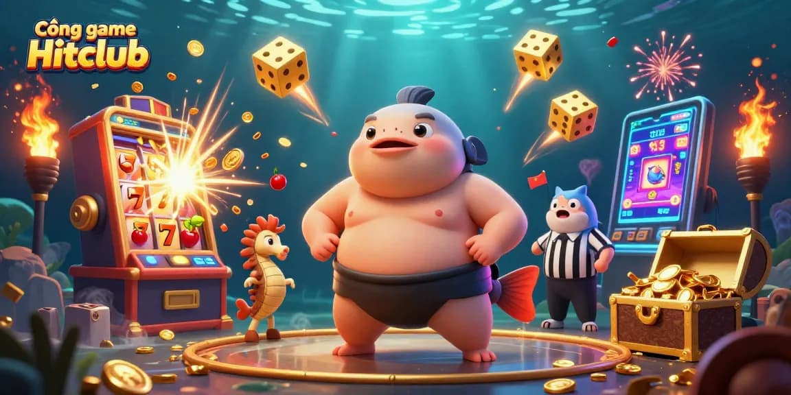 Cổng game Hitclub features a dynamic underwater casino scene with a fugu, catfish, and seahorse characters engaging in festive gaming activities.