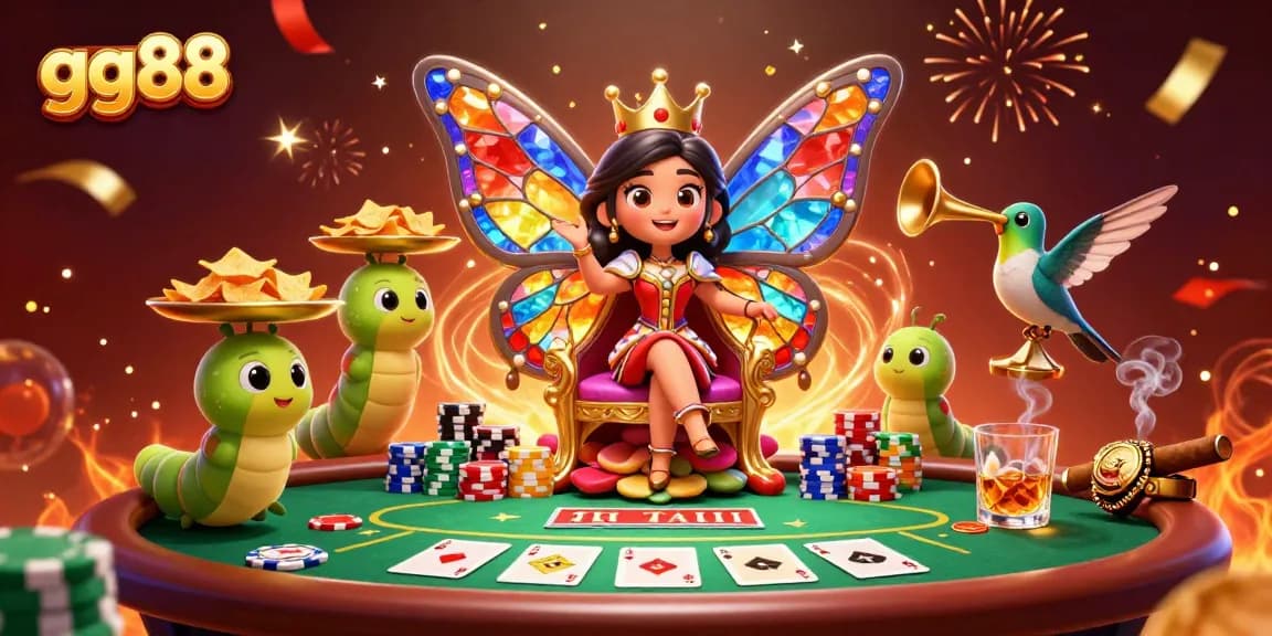 Experience the excitement of gg88 at a vibrant casino scene with a butterfly queen and poker elements.