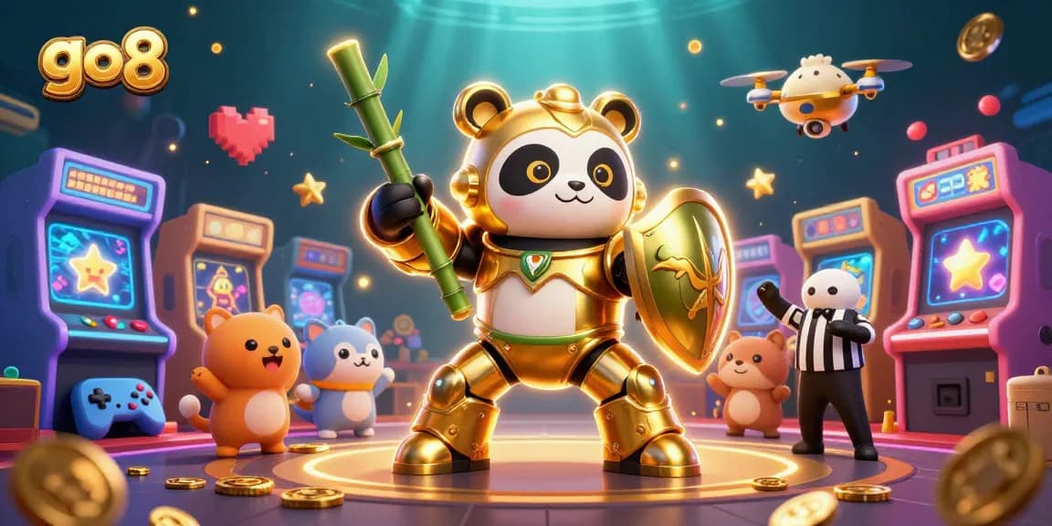 Engage in action-packed gaming with go8's energetic casino-themed panda mech illustration.