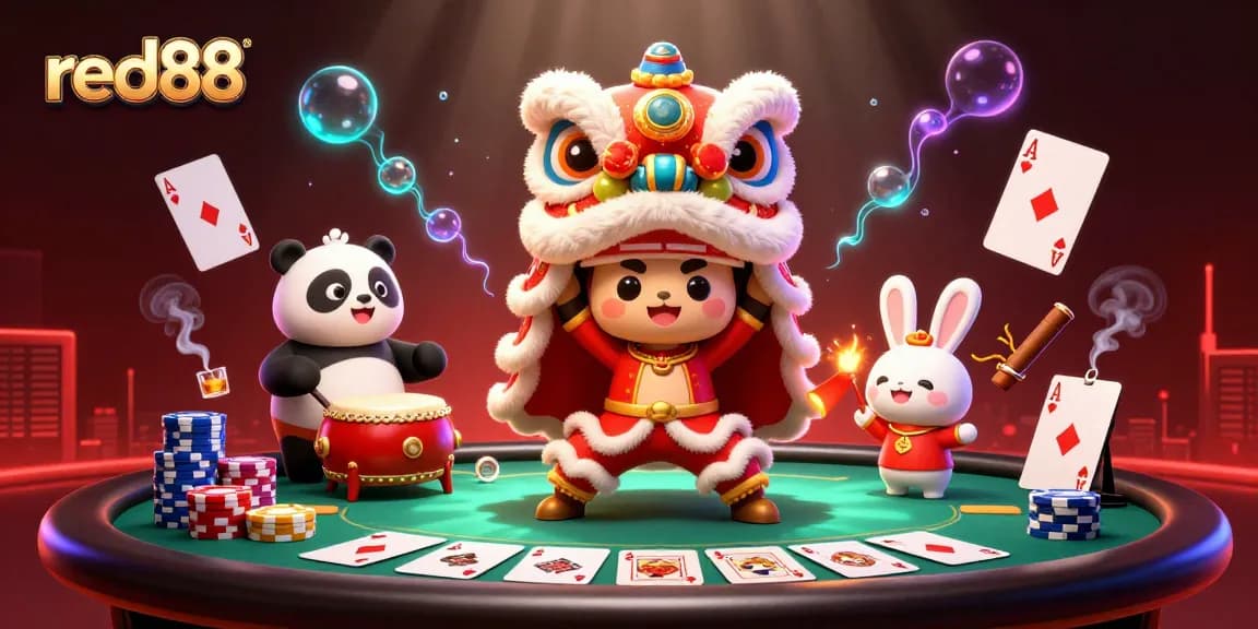 Experience the excitement of red88 with a vibrant 3D lion dance scene featuring poker elements.
