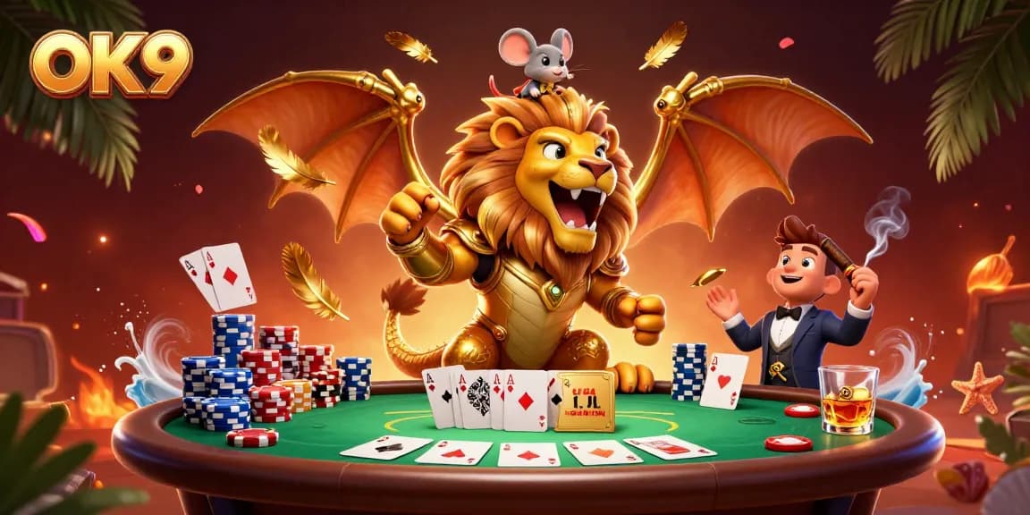Engage with OK9 and the thrilling world of casino gaming featuring poker elements and a roaring chimera.