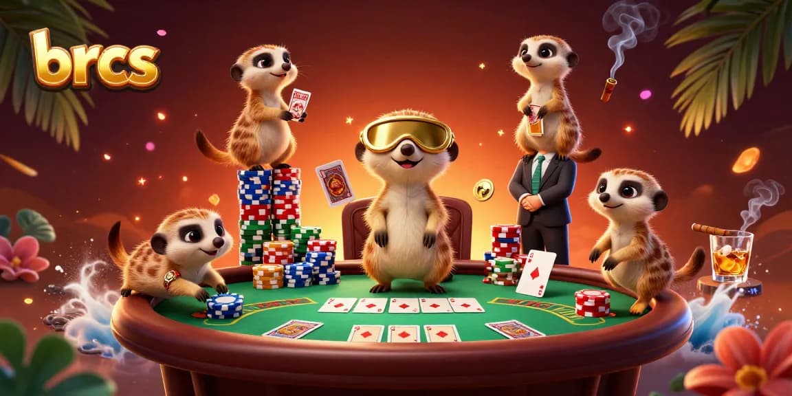 Engaging scene showcasing brcs meerkats operating a lively casino with poker elements and colorful chips.