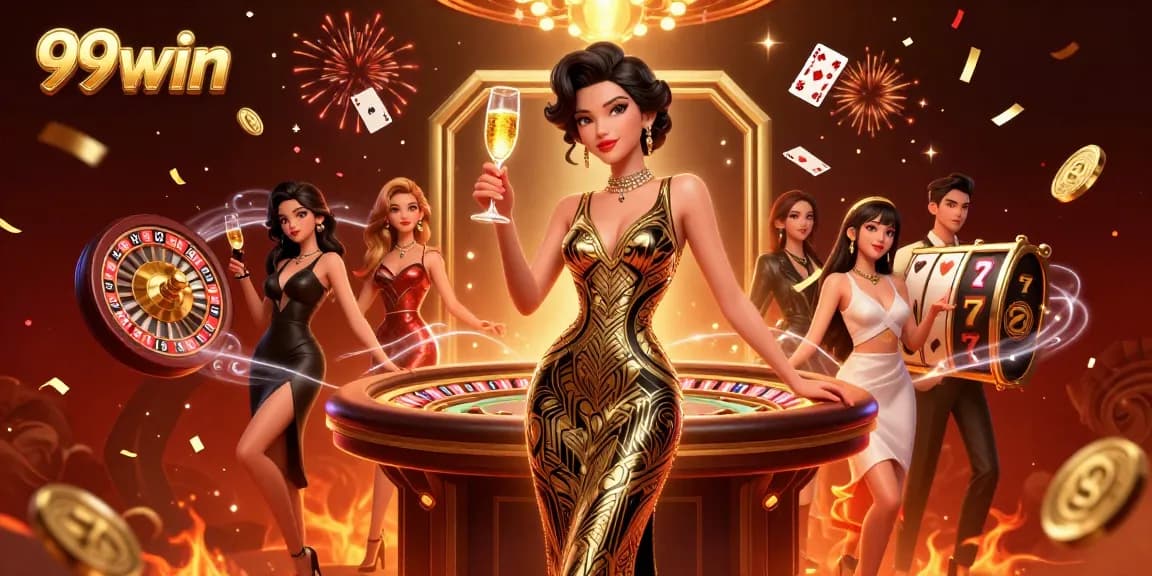 Experience the thrills of 99win with elegant characters celebrating near a vibrant casino backdrop.