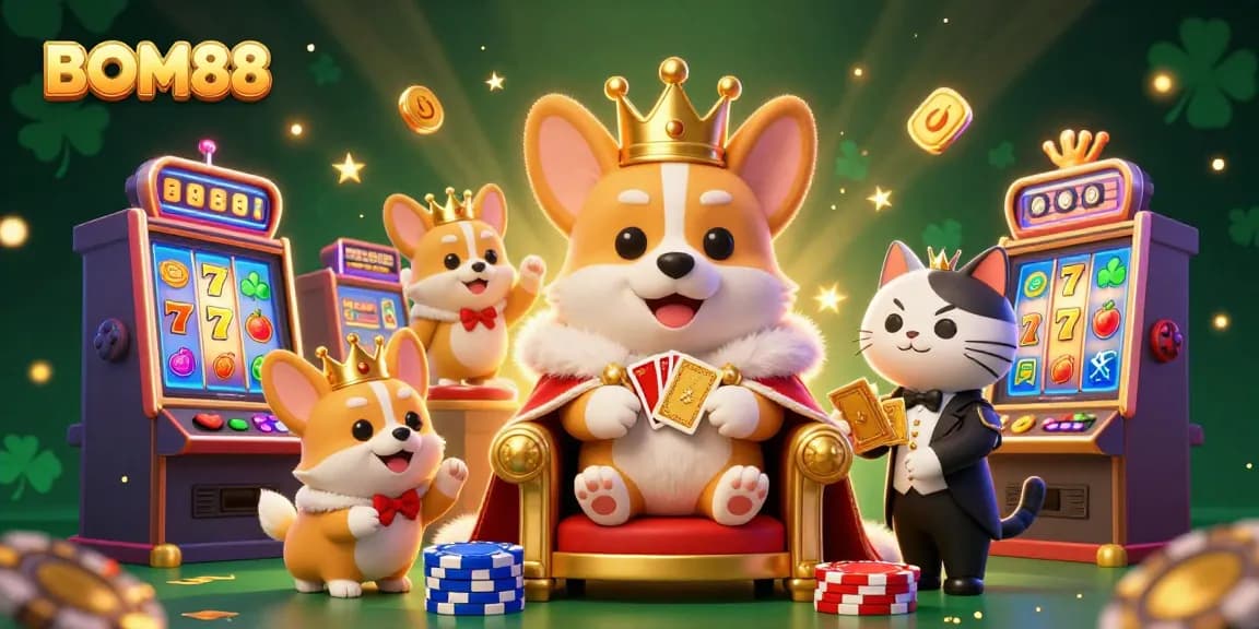 Experience exciting gameplay at BOM88 with a royal corgi atop poker chips, showcasing a fun casino atmosphere.