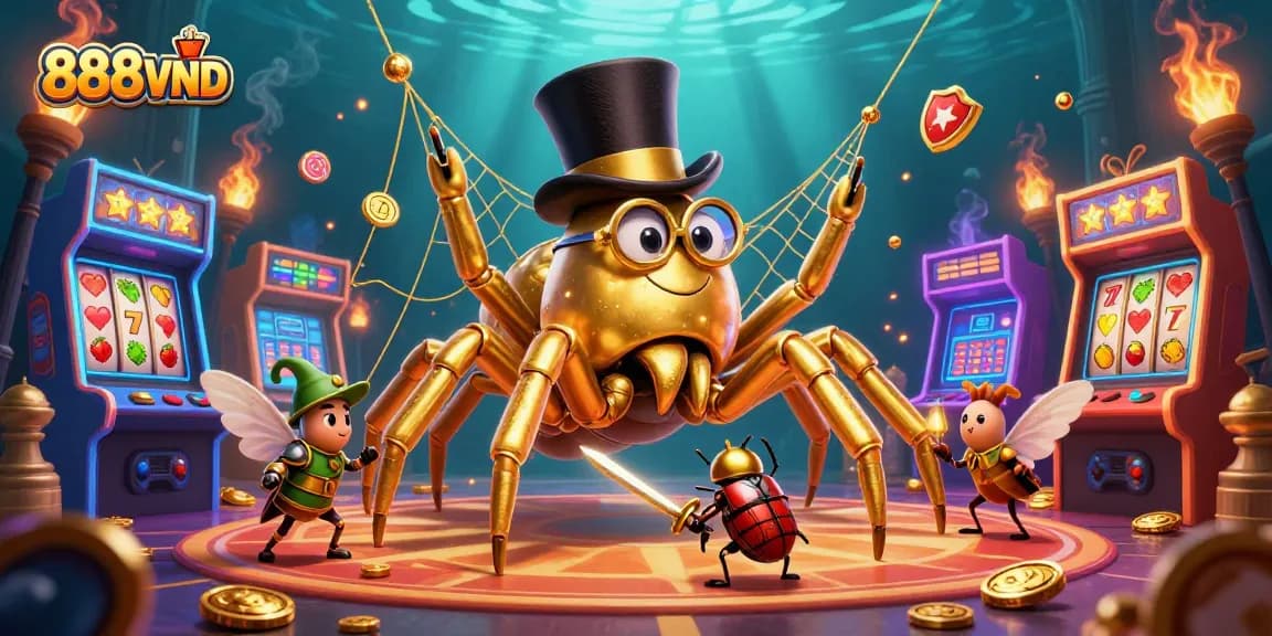 888VND showcasing a vibrant casino-themed scene with a golden tarantula and a beetle knight.