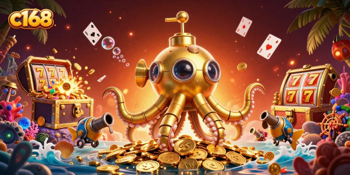 Engage in thrilling slots with C168's rich treasure hunt beneath a sea of gold coins and vibrant game elements.