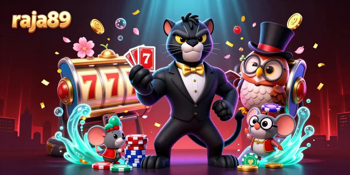 Experience the thrill of raja89 with a stylish panther dealing cards and vibrant gambling elements!