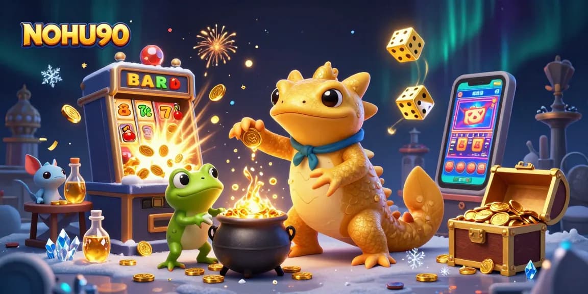 Experience the thrills of NOHU90 with jackpot bursts, gold coins, and dynamic casino illustrations.