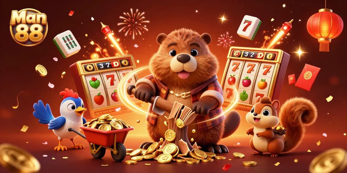 Experience winning fun with Man 88 in this vibrant casino-themed artwork featuring cartoon characters.