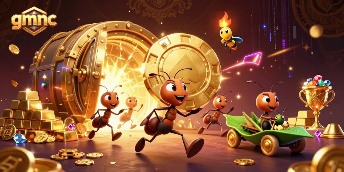 gmnc team of ants executes a thrilling heist of a giant golden poker chip in a vibrant casino scene