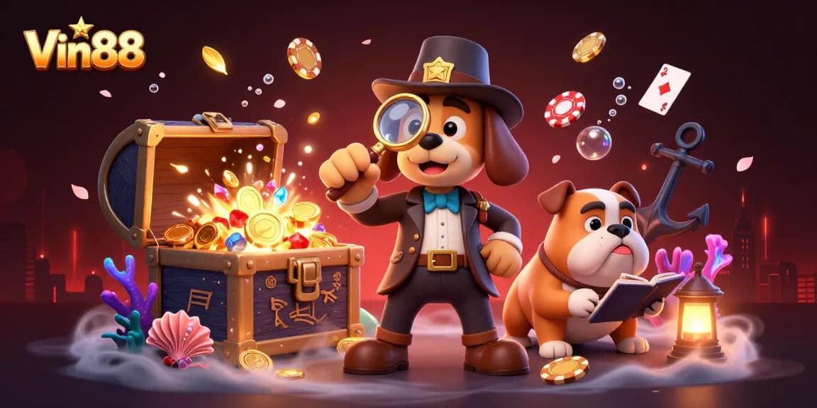 Engage with Vin88's vibrant casino scene filled with poker chips and golden treasures.
