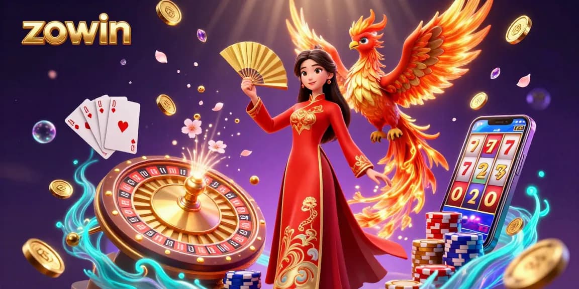Zowin casino scene with a graceful woman and a phoenix, featuring spinning roulette and golden coins.
